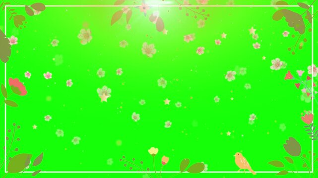 Leaves frame decorated with cherry blossoms and a small bird features a vibrant chroma key background designed for creative video editing projects that require a natural botanical border for.