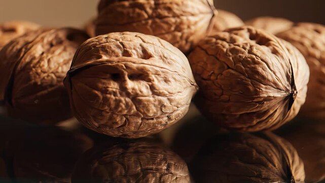 Whole natural walnuts with textured shells in soft warm light