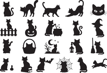 Obraz premium Black cats and Halloween icons arranged in a.