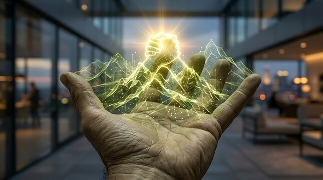 Human hand holding glowing digital wireframe mesh mountain peaks with bright golden handshake icon above palm center.