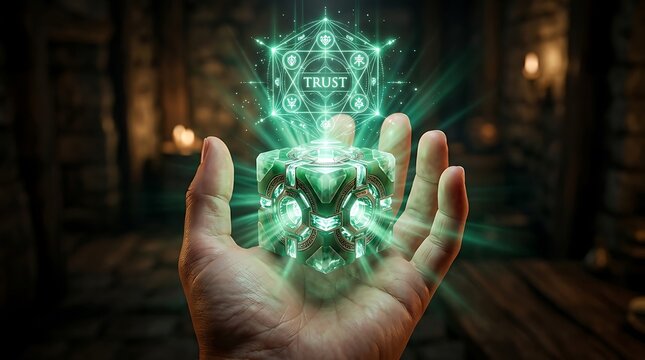 Human hand holding glowing green magic cube with floating holographic geometric symbols and bright light rays emanating.