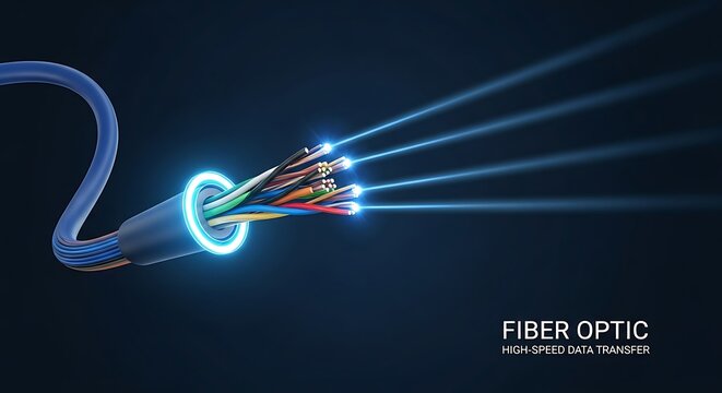 A fiber optic cable illustration showing data transmission with bright glowing beams