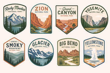 Obraz premium A collection of eight vintage-style national park badges, each featuring a unique landscape illustration and the name of a famous US national park like Yellowstone, Yosemite, and Zion.