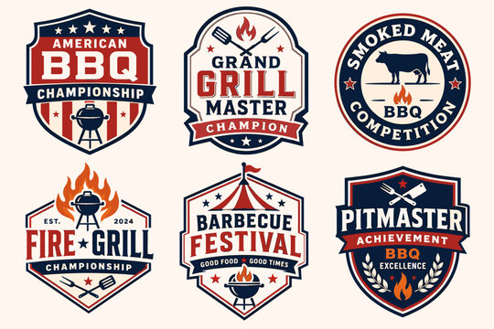 A collection of six vintage-style barbecue and grilling championship badges and festival logos, featuring grills, flames, and text.