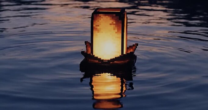 Floating Lanterns on Serene Water at Dusk.