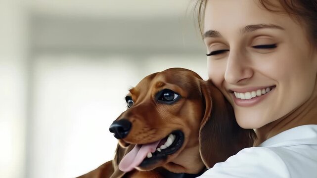 A joyous woman is holding her dachshund. The scene exudes warmth and affection. Her bright smile and the dog's content expression convey a strong bond and create a charming and heartwarming scene.