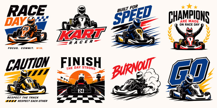 A collection of eight vibrant go-kart racing themed graphic designs, featuring drivers, karts, and motivational or action-oriented text for apparel or posters.