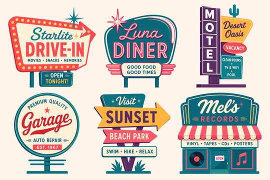 A collection of six retro-style American roadside business signs, including a drive-in, diner, motel, garage, beach park direction, and record store, in a flat illustration style.