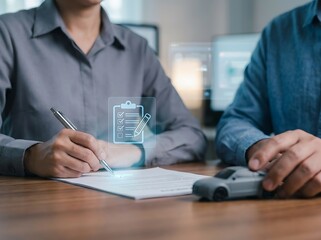 Fototapeta premium Auto insurance agreement signing with person writing on document next to a small car model on a wooden office table, insurance