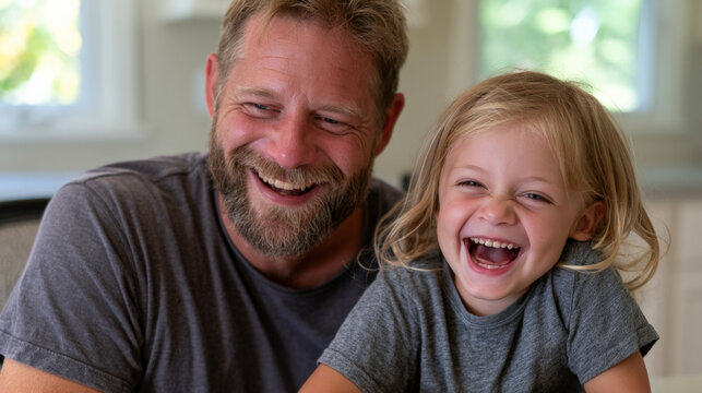 Father laughing with young child in bright home interior