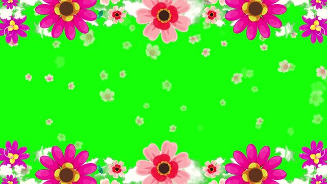 Flowers bloom in a decorative arrangement at the top and bottom of a green screen, offering a colorful and lively aesthetic for spring-themed content, greeting cards, or animated video overlays.