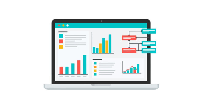 Modern Business Analytics Dashboard on Laptop Screen with Financial Charts, Bar Graphs, and Workflow Diagrams for Data Visualization and Reporting
