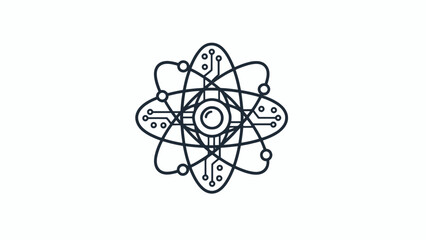 A minimalist digital icon representing a scientific atom with integrated circuit lines © Muhamad