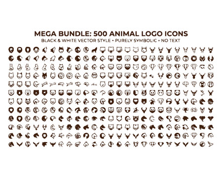 Mega bundle of 500 minimalist animal logo icons and wildlife graphic symbols