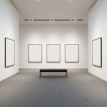 Modern art gallery interior with empty white frames on wall  empty room with bench