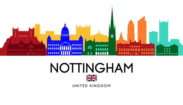 Vector illustration of Nottingham skyline in colorful silhouette, with &ldquo;NOTTINGHAM&rdquo; text, on white background, modern city identity and tourism design