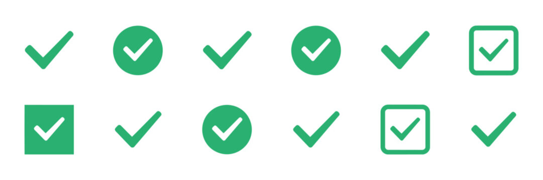 Checkmark icon set, green check mark and tick symbols, approval confirmation and correct choice icons, checklist validation vector illustration.