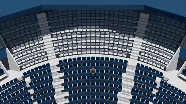 Lone spectator sits in an empty stadium arena with rows of blue and gray seats under dramatic lighting 2026 soccer world championship tournament