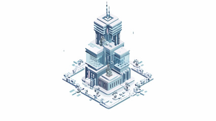 A futuristic isometric skyscraper stands on a clean white background © samuel