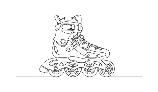 One line drawing of inline skates for extreme sports and outdoor activity concept.