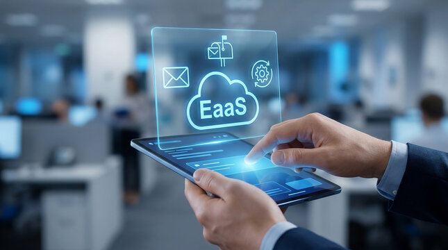 Businessman using a digital tablet with EaaS hologram for Everything as a Service and Email as a Service cloud solutions in a modern corporate office.