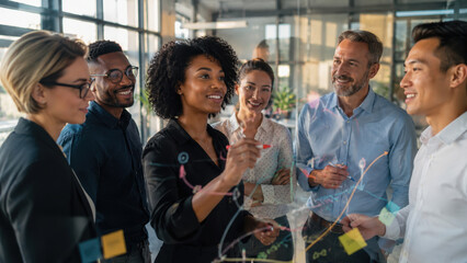 Obraz premium Diverse Business Team Brainstorming Strategy on Glass Board