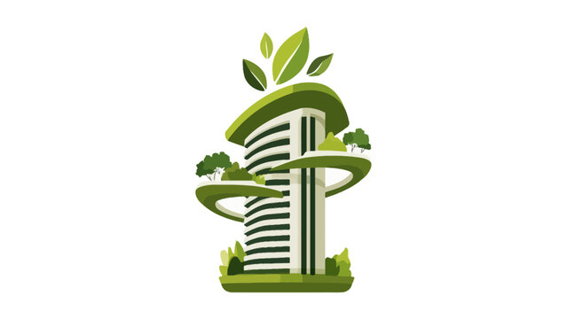 A modern eco friendly building design with lush green vegetation on white background