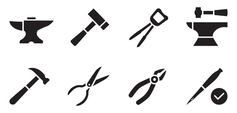 Black blacksmith tool silhouettes set including hammers anvils pliers and various iron equipment.