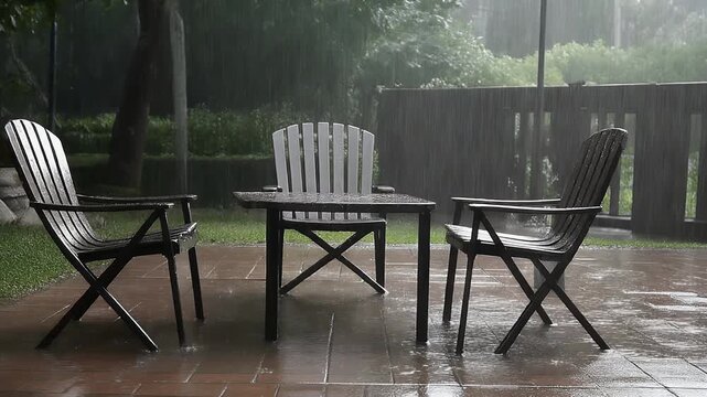 Empty Patio Furniture Set in Heavy Rainstorm.