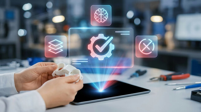 Engineer examining 3D printed prototype part with holographic AR interface on tablet for quality control and smart manufacturing optimization.