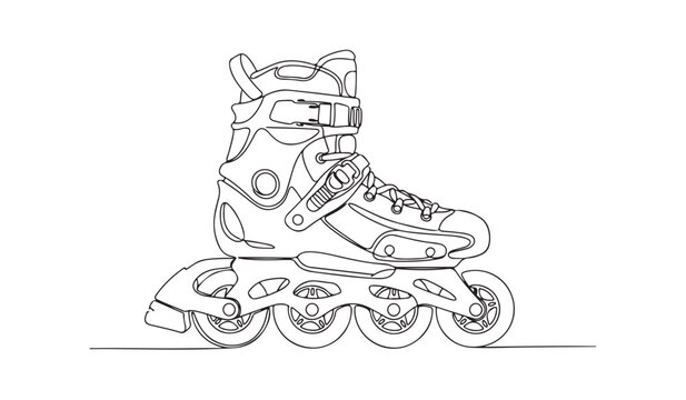 Single continuous line drawing chunky recreational inline skate. Protective padded boot, ankle strap fastener, and four wheels for an active lifestyle.