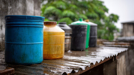 Naklejka premium Corrugated metal rooftop rainwater harvesting containers for monsoon season, water harvesting in rural households and sustainable living