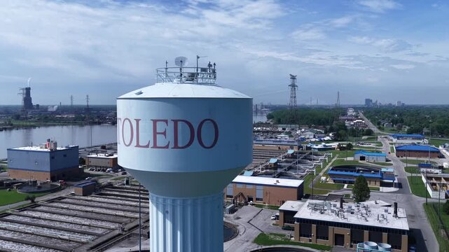 Toledo Ohio watertower against blue sky and clouds dramatic view of text on tower by water treatment plant just outside of downtown