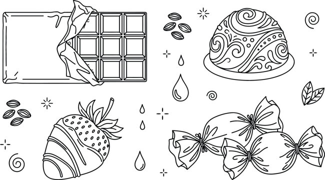 Chocolate candy and sweet dessert icons set with cocoa bar wrapped truffles strawberry coffee beans outline doodle vector