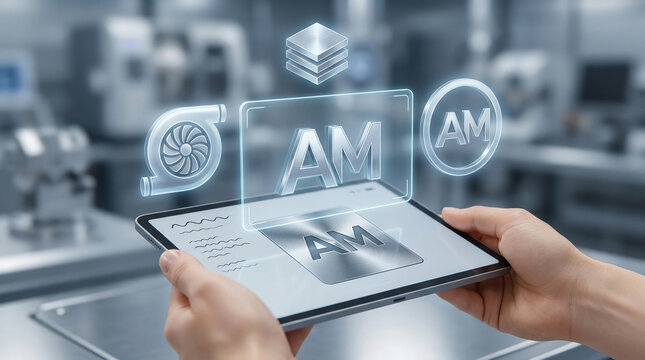 Engineer holding tablet with Additive Manufacturing AM interface and 3D printing icons in a high-tech industrial laboratory setting for innovation.