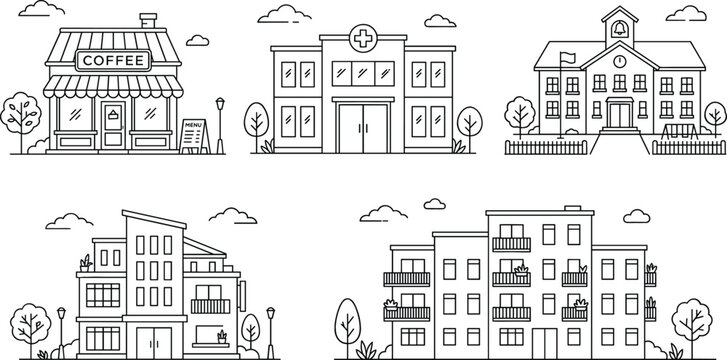 City architecture building icons set with coffee shop hospital school apartment residential houses facade linear outline doodle vector