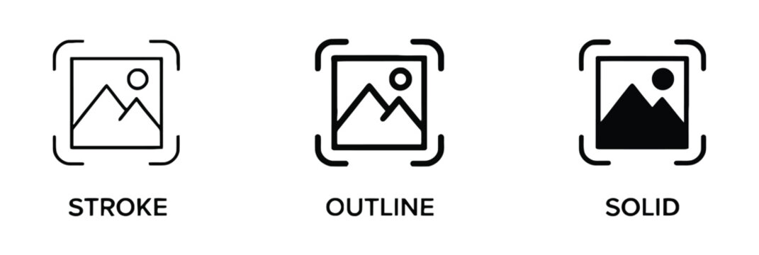 Capture image icon set, take photo and screenshot symbols, camera and UI capture icons, stroke outline and solid vector illustration EPS10.