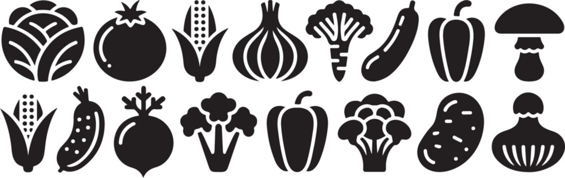 Fresh organic harvest vegetables icons set featuring broccoli cabbage corn onion pepper mushroom potato cucumber farm products.