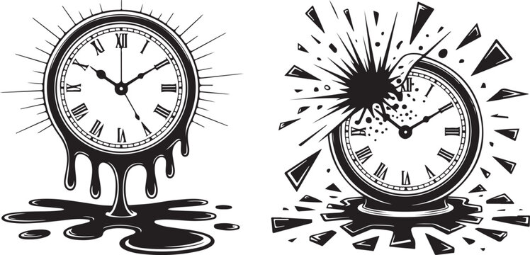 Melting clock and exploding clock symbolizing time passing and chaos, surreal vintage fantasy.