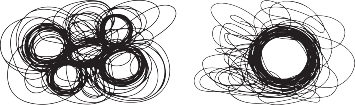 Abstract scribble shapes drawn by ink pen creating messy circular loop frames isolated on transparent background for creative.