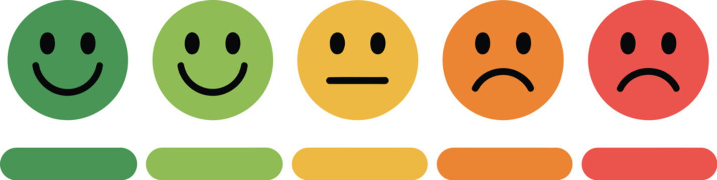 Rating emoji set, smiley feedback scale icons with five emotions from very happy to very sad for customer review rating and service quality evaluation interface.