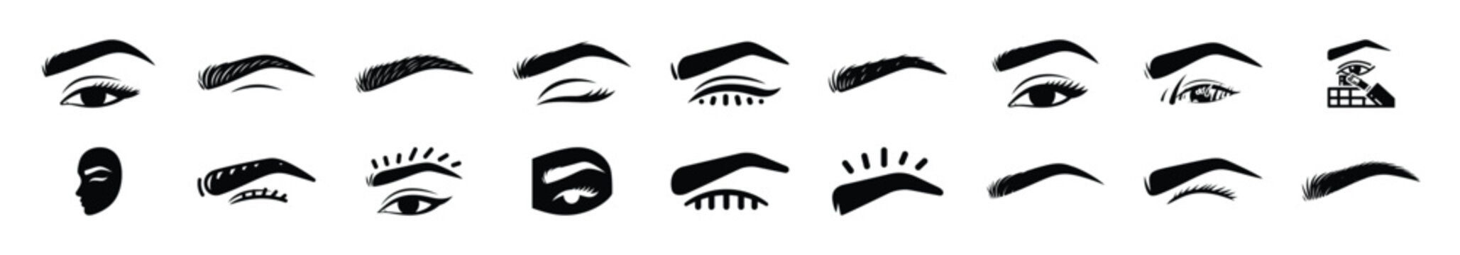 Minimalist silhouette drawings of  eyebrow microblading vector icon set. Beauty icons solid silhouette styles for graphic design illustration.