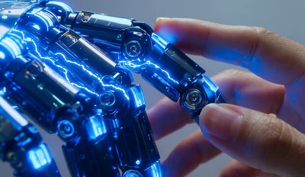 A human hand gently touches a glowing blue robotic arm with electrical sparks, symbolizing human-machine interaction and advanced technology.
