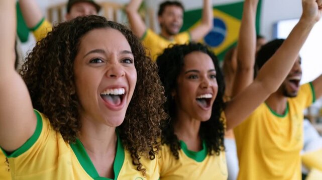 Brazilian Soccer Fans Celebrating Goal in Modern Living Room While Watching Match on TV