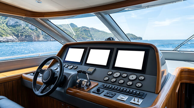 Luxury Yacht Cockpit Interior with Digital Navigation Screens and Steering Wheel on Sea
