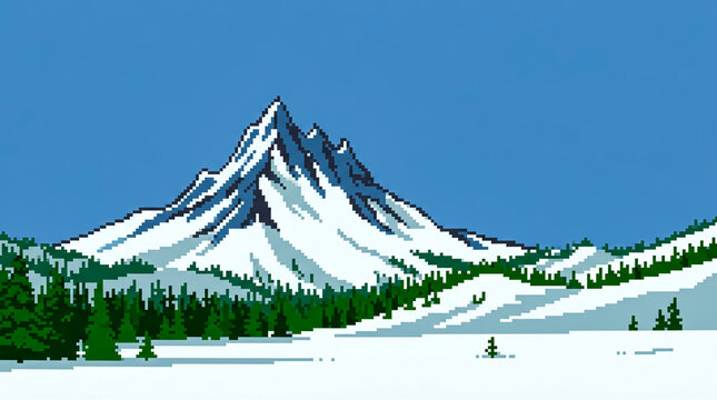 Pixel Art Snowy Mountain Peak with Evergreen Pine Forest
