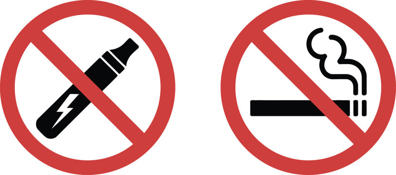No smoking, no vaping sign set, universal prohibition symbols with cigarette and e-cigarette crossed icons for restricted zone safety and warning notice graphics.