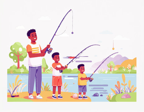 Modern flat vector illustration of a father and his two sons fishing together by a peaceful lake, family bonding outdoors activity
