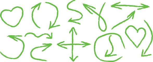 Fototapeta premium Hand Drawn Green Arrows and Heart Doodle Elements Set in Sketch Line Art Style