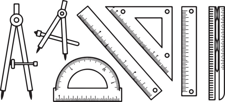Drafting tools collection including compass protractor and ruler sets for engineering geometry and mathematical school work.